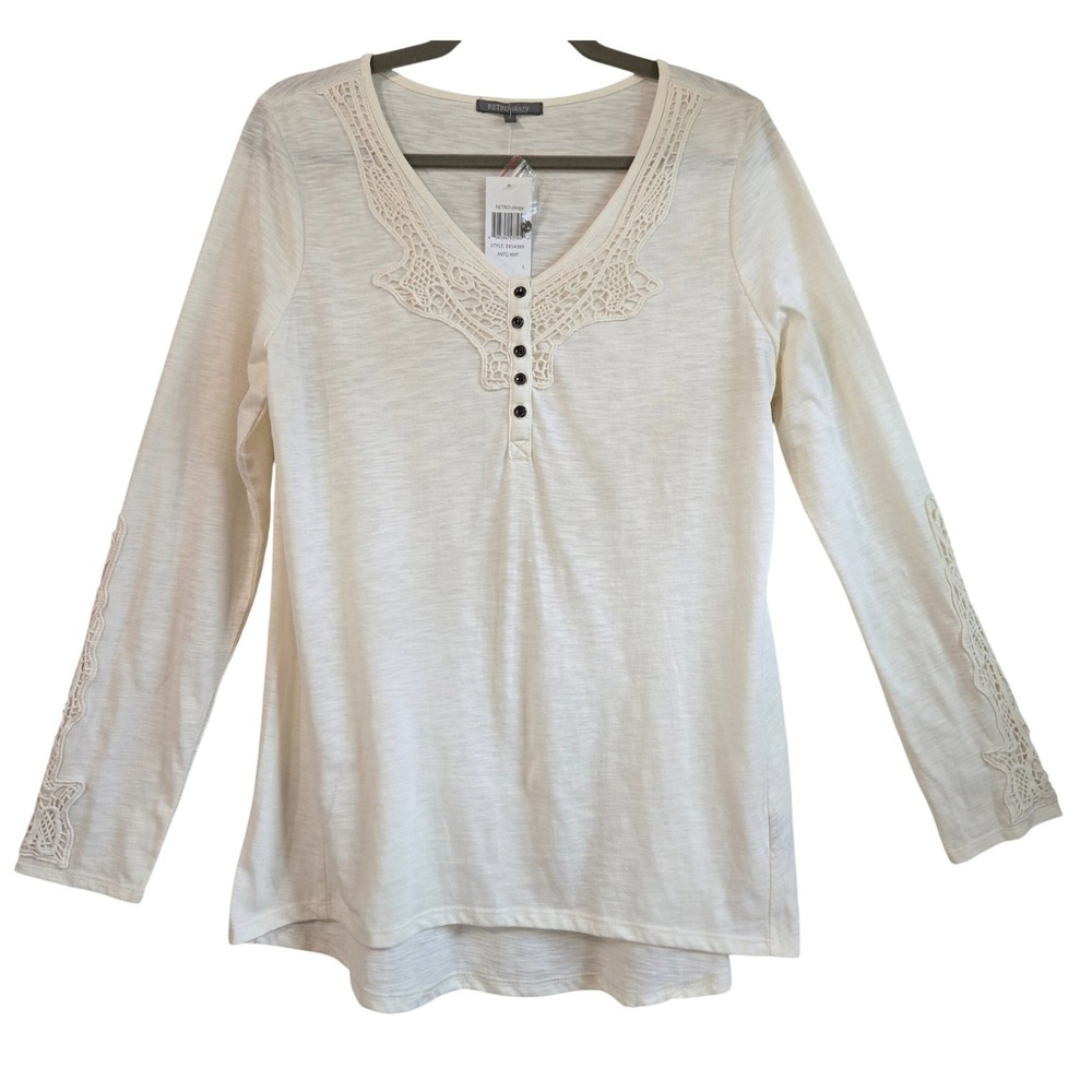 Retro-ology NWT Women's L Boho Prairie Cream Crochet Lace Henley Top Long Sleeve